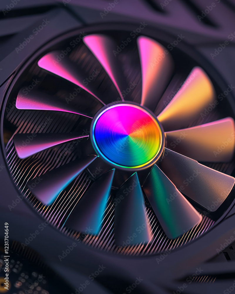 Poster a dynamic angle capturing a partially spinning fan with swirling rainbow reflections dancing across 