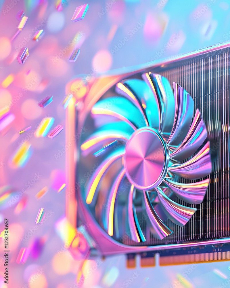 Poster a dynamic angle capturing a partially spinning fan with swirling rainbow reflections dancing across 