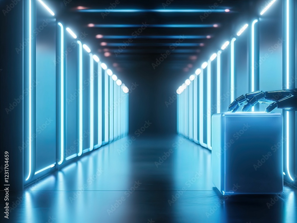 Poster a futuristic corridor illuminated by blue lights, leading towards a mysterious object on a pedestal,