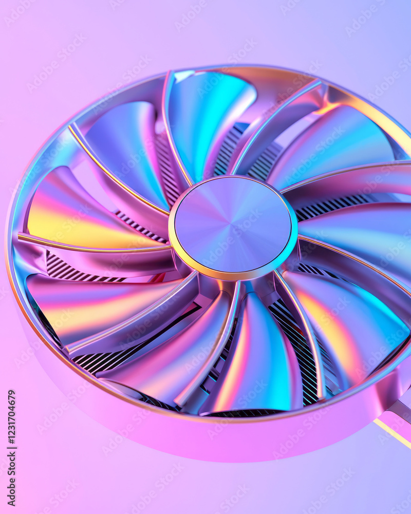 Poster a dynamic angle capturing a partially spinning fan with swirling rainbow reflections dancing across 