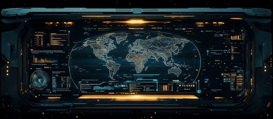 Fototapeta premium Futuristic control panel displays global network data, space background