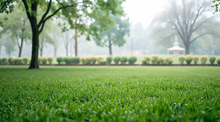 Obraz premium Lush green grass growing in a peaceful city park on a foggy morning