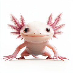 n Axolotl with pink feathery gills and a cute smiling face, isolated on a clean white background