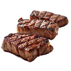 Close up Top view flat lay of Ribeye Steak with charred crust or  Grilled veal meat ribs cutlets with ingredien herbs against a transparent background as a separate object