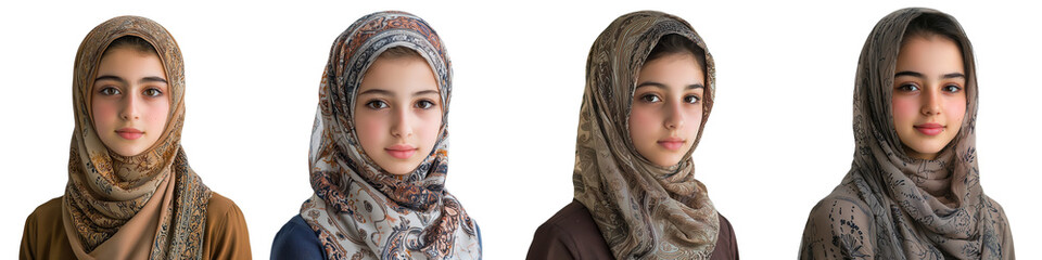 Portrait of a young beautiful Muslim woman wearing a stylish and modest hijab or headscarf  The image showcases the modern and fashionable side of traditional Muslim women s attire