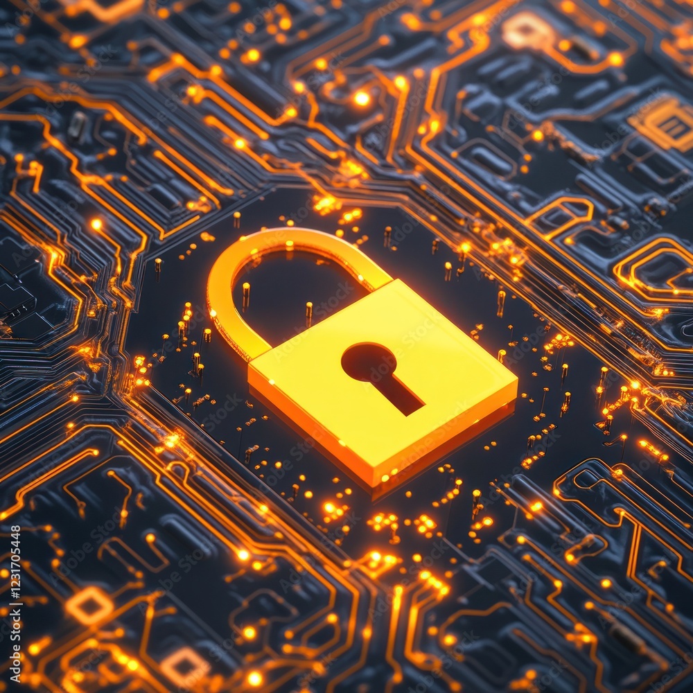 Poster gold lock on circuit board, secure digital data. cyber security concept, use for tech
