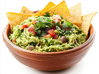 Close-up guacamole bowl with tortilla chips, vibrant colors, isolated on white.