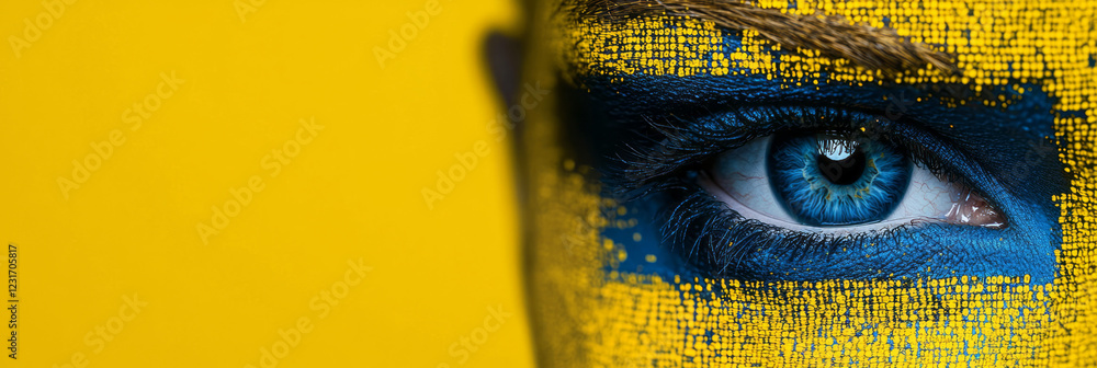 Poster a cinematic close-up of a focused pupil overlaid by scrolling binary digits in contrasting shades of