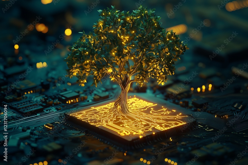Poster a glowing tree emerging from a circuit board, representing the fusion of technology and nature in a 