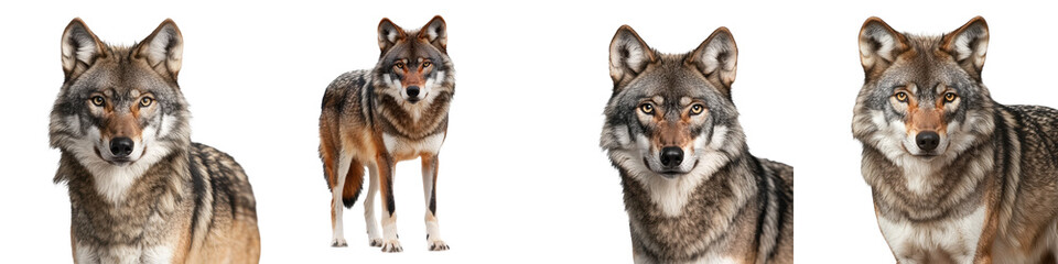 Fototapeta premium Majestic grey wolf portrait captured in its natural forest habitat The powerful predator with its fierce gaze and thick fur coat stands among the trees