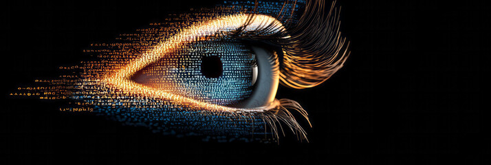A futuristic concept shot of an eye under dramatic lighting, with partial reflection of alphanumeric code in bold blue and warm yellow,