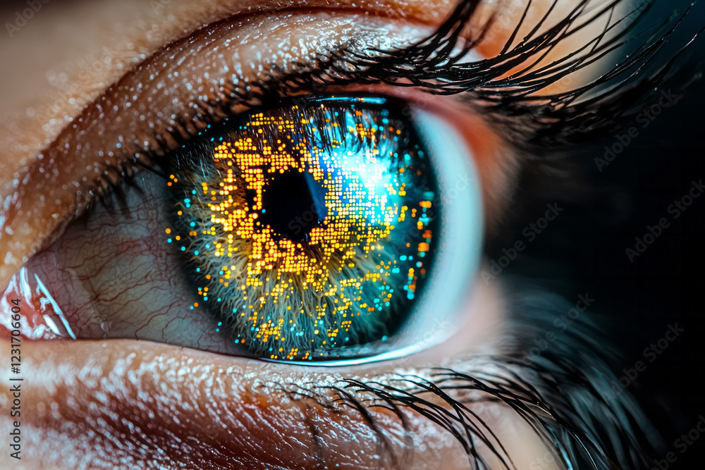 Poster a stylized close-up composition where half the iris is overlaid by a swirling pattern of luminous co