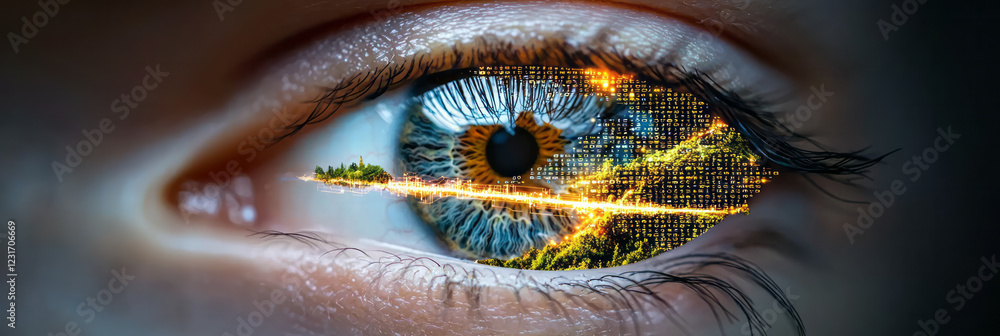 Poster a high-tech portrayal of a human eye surrounded by faint pixelation, with streams of digit-coded lin