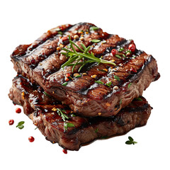 Close up Top view flat lay of Ribeye Steak with charred crust or  Grilled veal meat ribs cutlets with ingredien herbs against a transparent background as a separate object