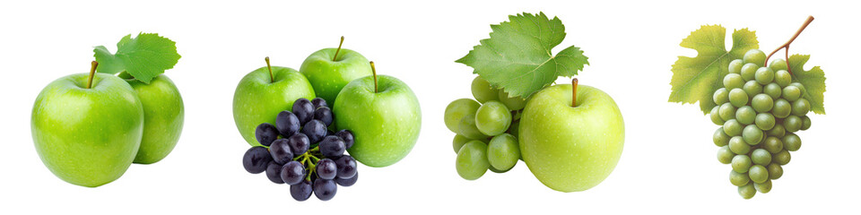 Obraz premium Assortment of Fresh Green Apples and Purple Grapes Displayed in a Beautifully Arranged Still Life