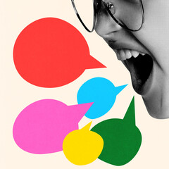 Conceptual graphic design. Excited black-and-white woman with glasses shouting, surrounded by large colorful speech bubbles, visually amplifying energy. Concept of communication, brainstorming. Ad