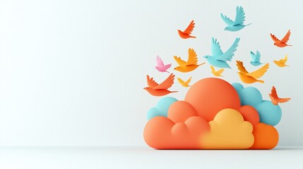 Colorful birds flying from cloud, white background, freedom concept, website banner