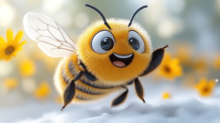 Fototapeta premium Cartoon-style bee with a cheerful expression and raised arm, running on a white background in a dynamic 3D illustration