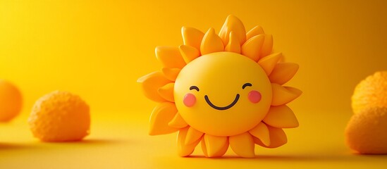 Happy sun character, yellow background, blurry spheres, summer design
