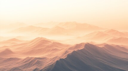 Naklejka premium Misty sunrise mountain range landscape, aerial view, peaceful morning scene, travel poster