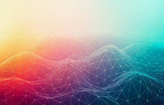 Fototapeta Abstract futuristic rainbow, gradient, pastel plexus background with connecting points and lines. Science, technology, business, space concept. Plexus design digital wallpaper. Copy space.