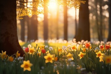 Golden sunlight filters through trees at sunset, illuminating a vibrant field of daffodils and tulips in a peaceful forest setting