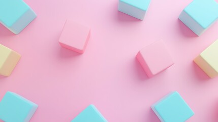 Colorful geometric shapes scattered on pastel pink background creating a playful and modern aesthetic for design