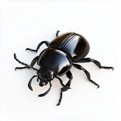 Naklejka premium horned rhinoceros beetle with a glossy black shell, placed on a bright white background