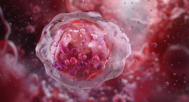 Myeloblast, an immature precursor cell of granulocytes found in bone marrow. Early stage of myeloid white blood cell development, nucleus, scant cytoplasm. Hematopoiesis, cellular biology science, 3D