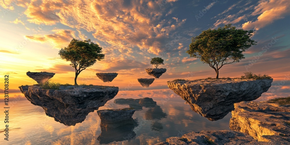 Poster a group of trees are floating in the air above a body of water. the trees are in different positions