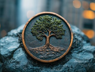 Golden circle with tree relief on a rock with blurry city background creating a harmonious blend
