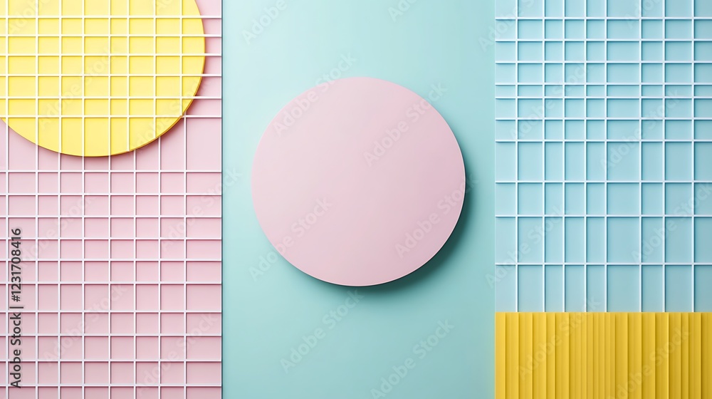 Poster Colorful Geometric Shapes with Grid Patterns and Circular Forms in Soft Pastel Tones and Textures