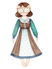 Sleeping girl in nightdress and fox sleep mask cute baby illustration in cartoon style. Hand drawn watercolor kids-friendly character. Perfect for the pajama party template and childlike designs.