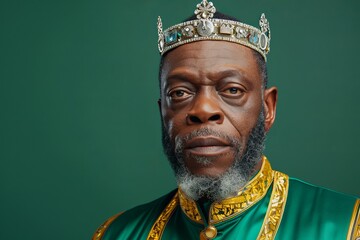 Obraz premium An elderly Black man wearing an ornate king's outfit and crown, exuding wisdom and strength against a green backdrop. Crowned in Royalty and Power, A Sovereign’s Glory