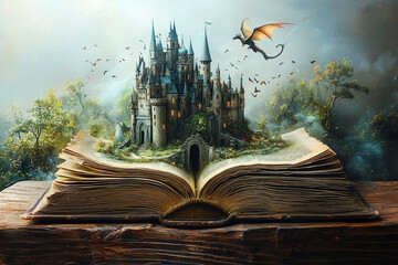 Fototapeta premium An open book from which an ancient castle and a dragon flies around. The book comes to life as something natural, and the dragon and the castle become part of the hero's life. 