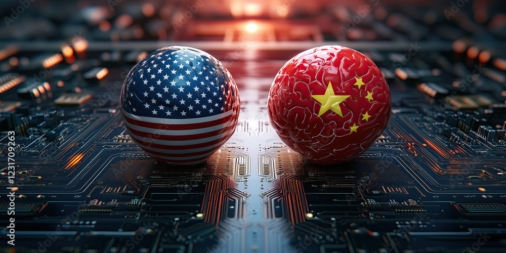 Aufkleber two spheres, one with u.s. flag and other with brain and china flag rest on circuit board, ai tech w