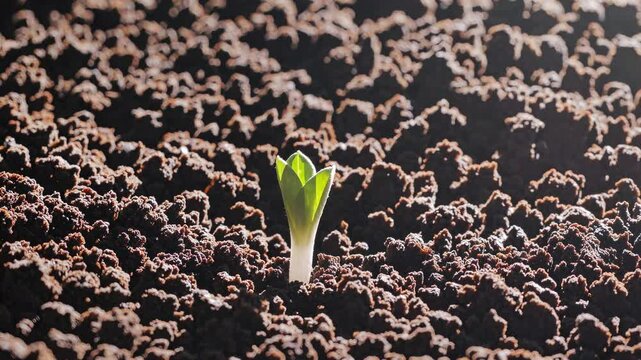 A time-lapse video capturing a seedling emerging from soil, symbolizing growth and renewal, shot from a low camera angle.