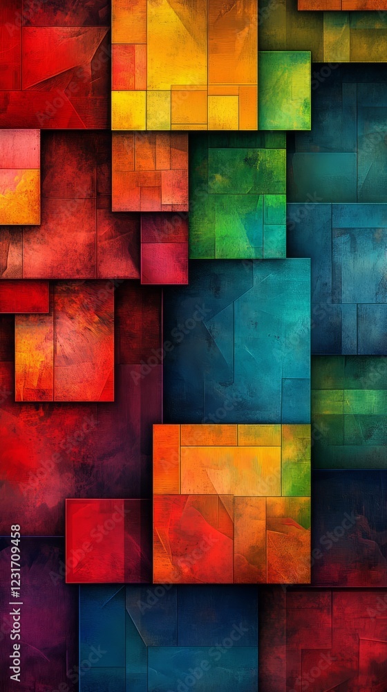 Poster colorful image of squares with a blue square in the middle. the squares are in different colors and 