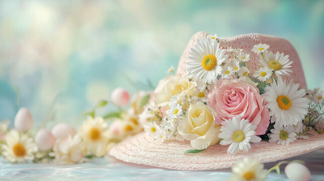 A vintage-inspired Easter bonnet decorated with daisies, roses, and tulips, placed on a light surface. The pastel-toned background evokes a nostalgic, soft Easter atmosphere.

