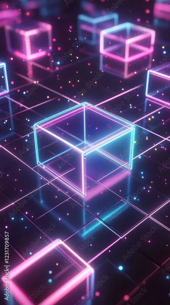 Poster futuristic neon cubes on a digital grid with glowing particles in a virtual reality environment