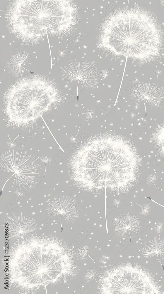 Poster a seamless pattern featuring white dandelions on a gray background, creating a serene and elegant de