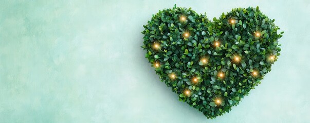 A heart-shaped arrangement of green foliage adorned with glowing lights, set against a soft, muted background, evoking feelings of love and nature.