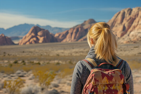 Blonde female backpacker exploring a breathtaking desert landscape with rugged red rock formations and endless horizons under a vibrant blue sky, symbolizing adventure, exploration, and the beauty