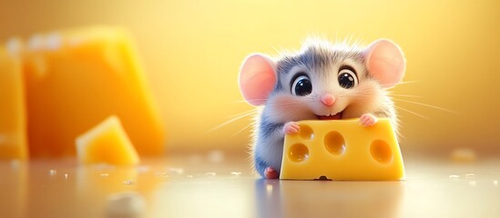 Fototapeta premium Cute mouse enjoys cheese on bright surface, background blur
