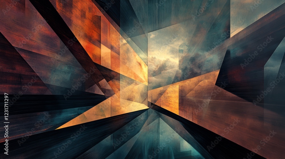 Poster dynamic abstract image featuring geometric shapes, dramatic sky, and reflections, creating a modern 