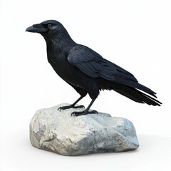 Large black raven standing on a rock with a mysterious gaze, placed on a bright white background