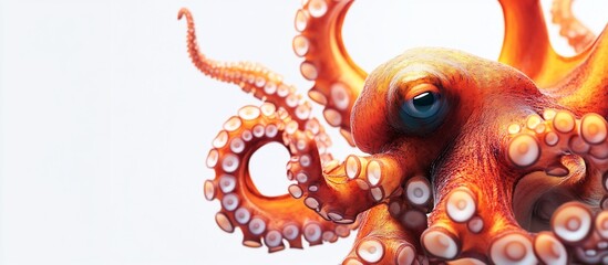 Fototapeta premium Orange octopus underwater close-up, white background, marine life