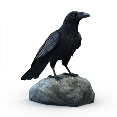 Fototapeta premium Large black raven standing on a rock with a mysterious gaze, placed on a bright white background