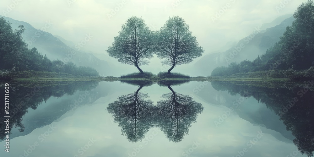 Poster two trees mirrored on a tranquil lake with misty mountains in the background, creating a peaceful an