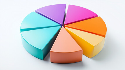 Obraz premium A vibrant, colorful pie chart illustrating different data sections with contrasting colors like teal, orange, purple, and yellow. The chart is centered on a clean, white background for clarity